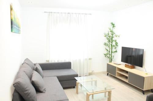 uma sala de estar com um sofá e uma televisão em Alojamientos Centro Histórico de Ciudad Rodrigo em Ciudad-Rodrigo