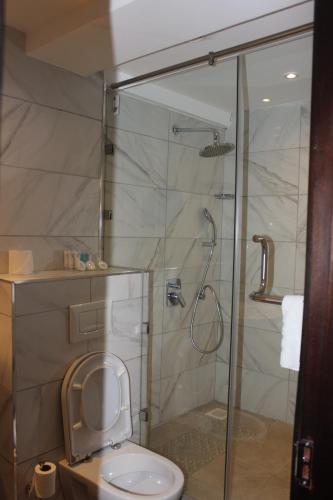 a bathroom with a shower and a toilet at The Crossroads Hotel, Westlands in Nairobi