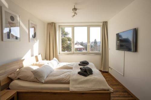 Bett in einem Zimmer mit einem großen Fenster in der Unterkunft Hochwertiges Apartment / 120m² / Dachterrasse / Parking in Dresden