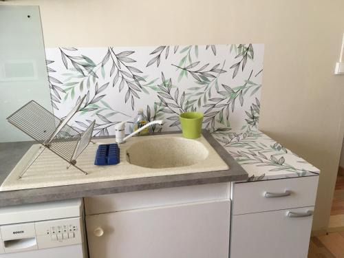 um balcão de cozinha com um lavatório e um papel de parede em Gites Le Cheval Noir em Rouillac