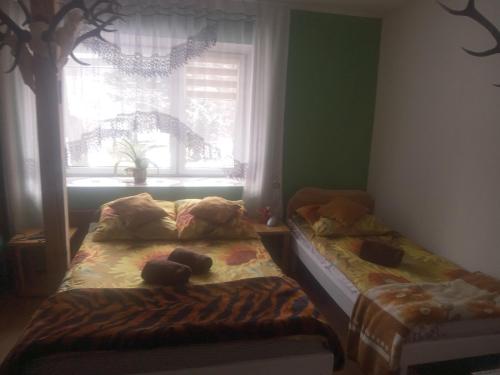 a bedroom with two beds in front of a window at Hanter5 in Jugów