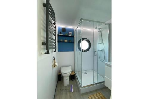 a bathroom with a toilet and a glass shower at Hausboot Fjord Ankerplatz mit Biosauna in Schleswig in Schleswig