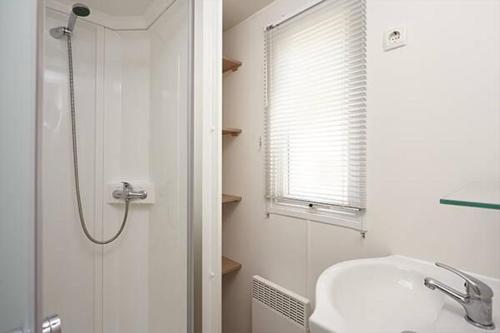 a bathroom with a shower and a sink at La petite Camargue in Le Grau-du-Roi