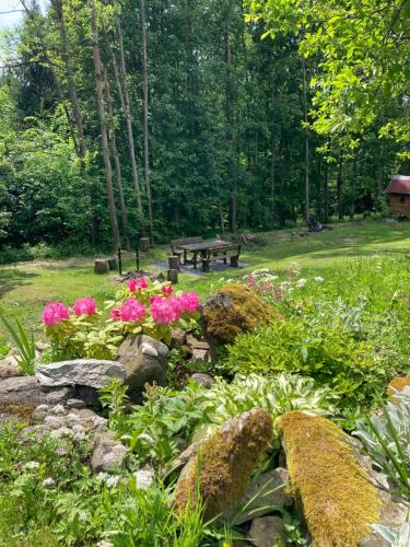 a garden with flowers and a picnic table in the background at Penzion Na Habeši in Kašperské Hory