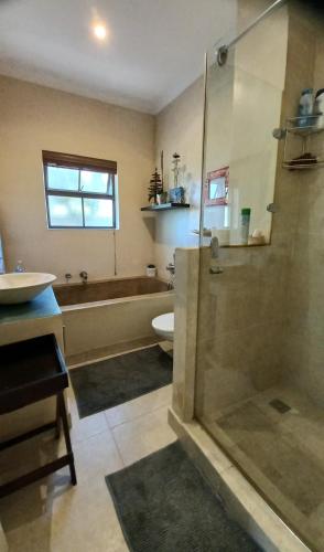 a bathroom with a shower and a toilet and a sink at Big Bay Homestay in Big Bay