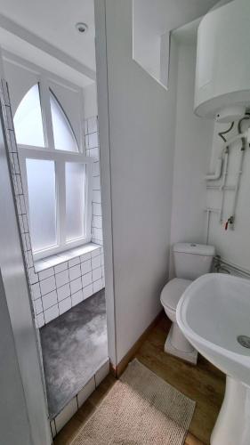 a bathroom with a sink and a toilet and a window at Le petit Château Avesnois - studio pour 1 personne - Cuisine Partagée in Avesnes-sur-Helpe