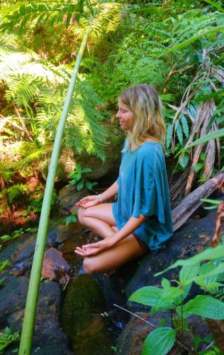 a woman sitting on a rock next to a stream at Rainforest Nature House in Deniyaya