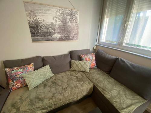 un canapé avec des coussins dessus dans un salon dans l'établissement Mon Paisible Rez de chaussé Metz Wifi Parking Un-Séjour-à-Part, à Metz