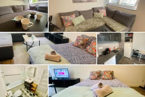 un collage de quatre photos d'un salon dans l'établissement Mon Paisible Rez de chaussé Metz Wifi Parking Un-Séjour-à-Part, à Metz