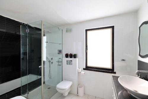 a bathroom with a shower and a toilet and a sink at Luxury villa with a heated pool, Jakuzi and a sea view 70m from the beach in Herzelia 