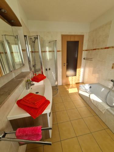 ein Bad mit einer Badewanne, einem Waschbecken und einer Dusche in der Unterkunft Ferienwohnung Weber in Neustadt in Sachsen