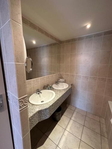 a bathroom with two sinks and a mirror at Hôtel Domaine de l'Orangerie in Bonnat