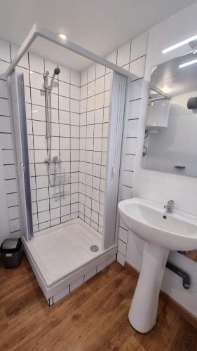 a white bathroom with a shower and a sink at Studio - rez-de-chaussée - wifi - télévision in Avesnes-sur-Helpe