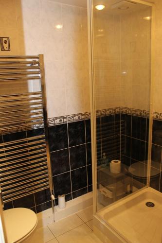 a bathroom with a glass shower with a toilet at Number One in Haddington