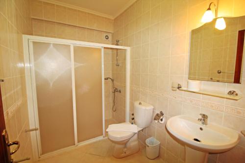 a bathroom with a shower and a toilet and a sink at Brookland Paris, Özel Havuzlu, Fethiye in Fethiye