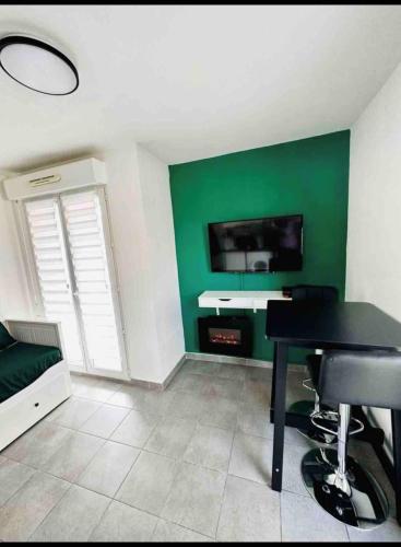 Cette chambre est dotée d'un mur vert, d'une table et d'une télévision. dans l'établissement Appartement studio, à Nice