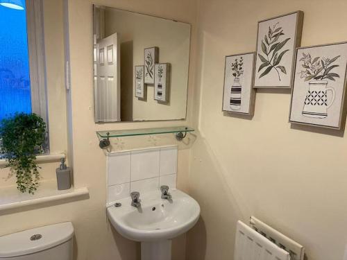 a bathroom with a sink and a mirror and a toilet at Bilborough House - Comfy furnitures, Free Wifi and Free Parking in Swindon