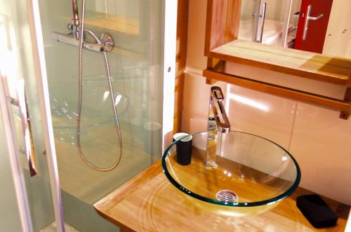 uma casa de banho com um lavatório de vidro e um chuveiro em Sainte Catherine - Duplex 1 chambre em Bordeaux