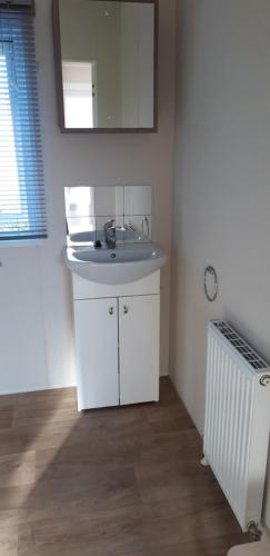a bathroom with a sink and a mirror at Chalet Westkapelle op een vakantiepark met 2 slaapkamers 1,7 km van het strand in Westkapelle