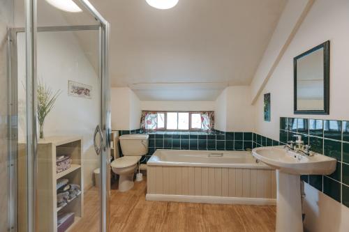 uma casa de banho com uma banheira, um WC e um lavatório. em Llanhedric House em Clun