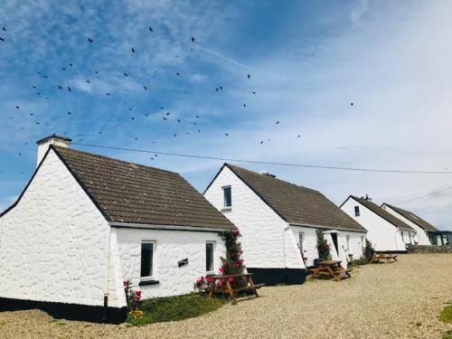 a group of white buildings with birds flying in the sky at Doonbeg Holiday Cottages in Doonbeg