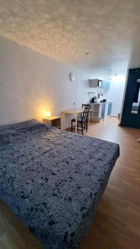 une chambre avec un lit et une table et une cuisine dans l'établissement Studio en rez de jardin avec terrasse privée - Le petit Château Avesnois - TV - WIFI - logement complet, à Avesnes-sur-Helpe