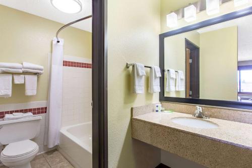 a bathroom with a toilet and a sink and a mirror at AmericInn by Wyndham Elkhorn Near Lake Geneva in Elkhorn