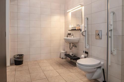 a bathroom with a toilet and a sink at HOTEL SNAEFELLSNES formally Hotel Rjukandi in Vegamót