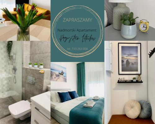 a collage of photos of a bedroom and a bathroom at Przystań Letników by MYPART in your apartment in Gdańsk