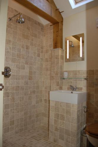 a bathroom with a shower with a sink and a toilet at Honeysuckle Farm cottages in Glastonbury