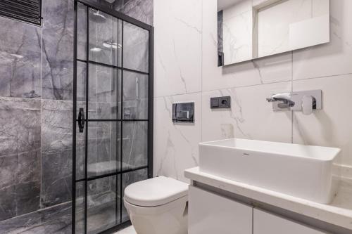 een badkamer met een toilet, een wastafel en een douche bij Central and Modernly Furnished Flat in Sisli in Istanbul