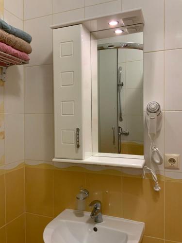 a bathroom with a sink and a mirror at Гостьовий двір РіОНІ in Truskavets