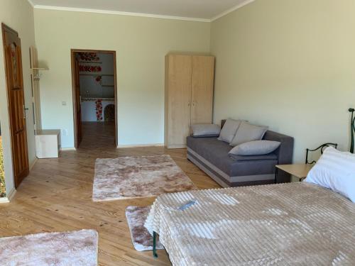 a living room with a couch and two rugs at Гостьовий двір РіОНІ in Truskavets