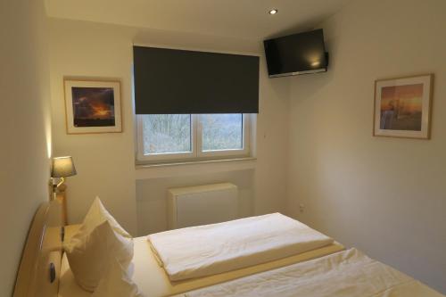 a bedroom with a bed and a window and a television at Landhaus 906 in Biersdorf