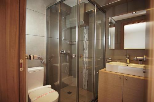 a bathroom with a shower and a toilet and a sink at Elements Rooms & Apartments in Athens