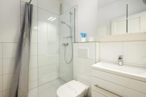 een badkamer met een douche, een toilet en een wastafel bij BRN Lachmöwe in Laboe