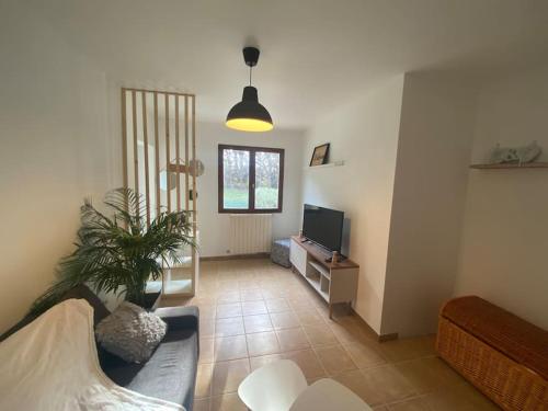 a living room with a couch and a tv at Chez Cathy et Philippe in Vérargues