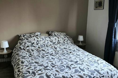 1 cama con edredón azul y blanco y 2 lámparas en Appartement de charme et familial à Caen, en Caen