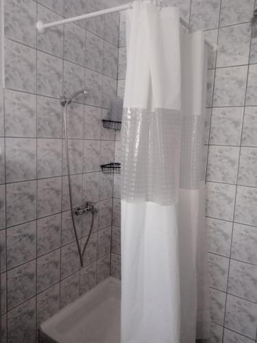 a shower with a white shower curtain in a bathroom at Apartman Bepo in Gospić