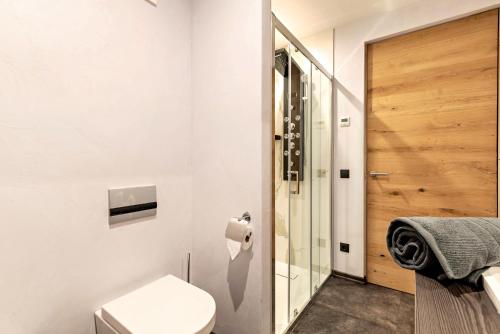 a bathroom with a toilet and a glass door at Villa Lara Lärche in Castelrotto