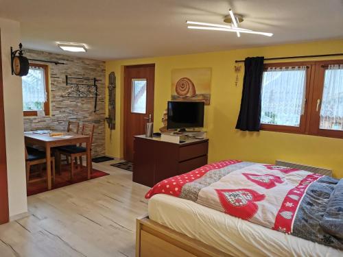 a bedroom with a bed and a desk with a television at Studio mit traumhafter Aussicht in Ritzingen