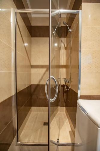 a shower with a glass door in a bathroom at White House 3 in Truskavets