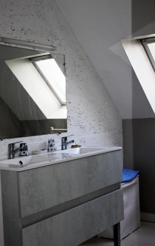 une salle de bain avec un lavabo et un miroir dans l'établissement Gîtes Bellevue et Mascaret, à Courtils