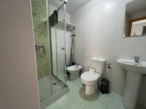 a bathroom with a shower and a toilet and a sink at Calle Ollerias in Málaga