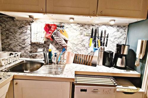 cocina con fregadero y encimera en smart Studio Apartment 3 mins from Vigeland park en Oslo