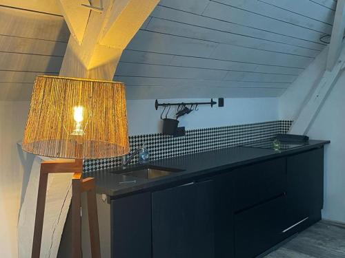 a kitchen counter with a sink and a lamp at Peter House in Nivelles