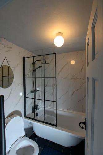 a bathroom with a toilet and a shower and a tub at Cotswolds Corner Cottage in Moreton in Marsh