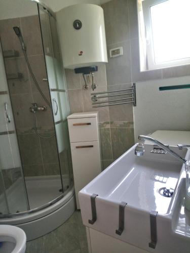 a bathroom with a shower and a sink and a toilet at Eco friendly apartment in Ližnjan