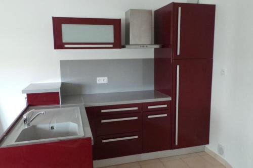 - une cuisine rouge avec évier et réfrigérateur dans l'établissement La petite Logne - logement avec piscine, à Legé