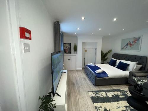 sypialnia z łóżkiem i telewizorem z płaskim ekranem w obiekcie Stylish Cosy Studio Apartment w mieście Kent